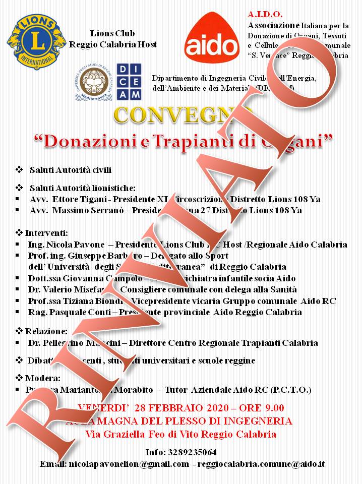 Rinviato il convegno ＂Donazioni e trapianti di organi＂