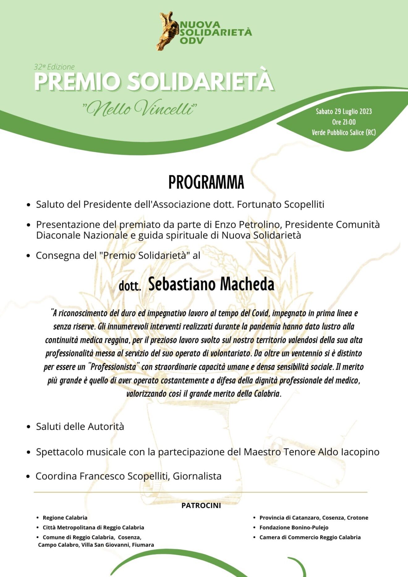 32^ Edizione del Premio Solidarietà ＂Nello Vincelli＂