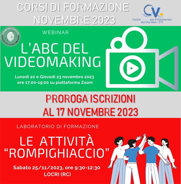 Iniziative formative del Csv dei Due Mari nel mese di novembre: PROROGA ISCRIZIONI A VENERDÌ 17 NOVEMBRE