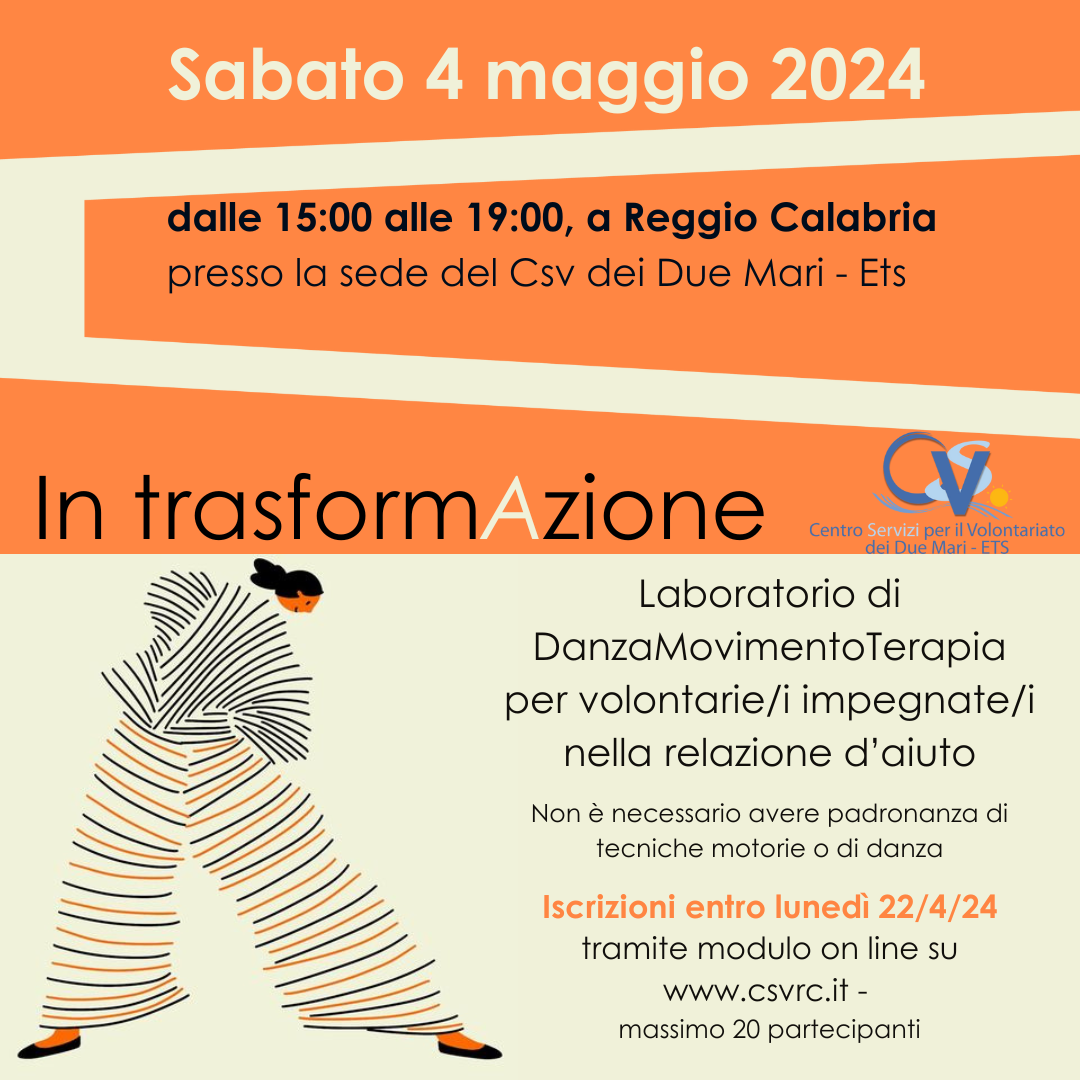 Sabato 4/5/2024 laboratorio DanzaMovimentoTerapia per volontari impegnati nella relazione d’aiuto