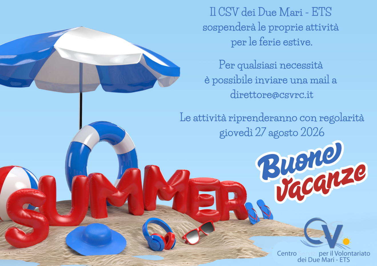 Chiusura estiva degli uffici del CSV dei Due Mari – ETS